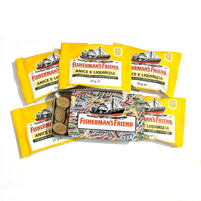 Fisherman's Friend - Lattina porta caramelle e 5 buste Fisherman's Anice